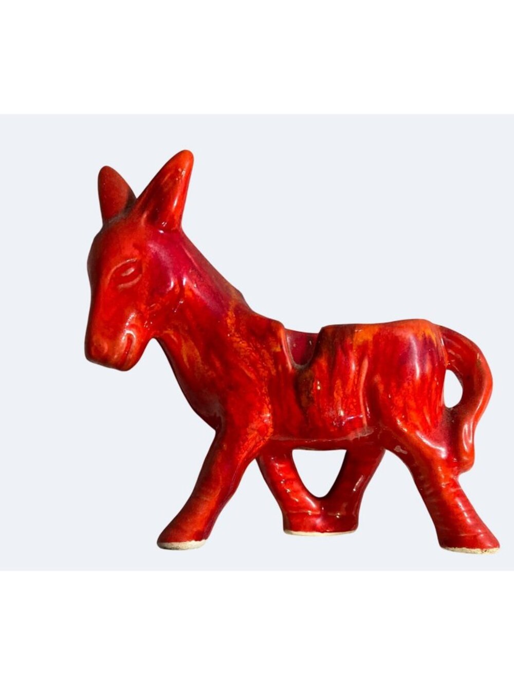 Red Ceramic Donkey Figurine ash tray With Glossy Finish 6.25" Long Vintage Home